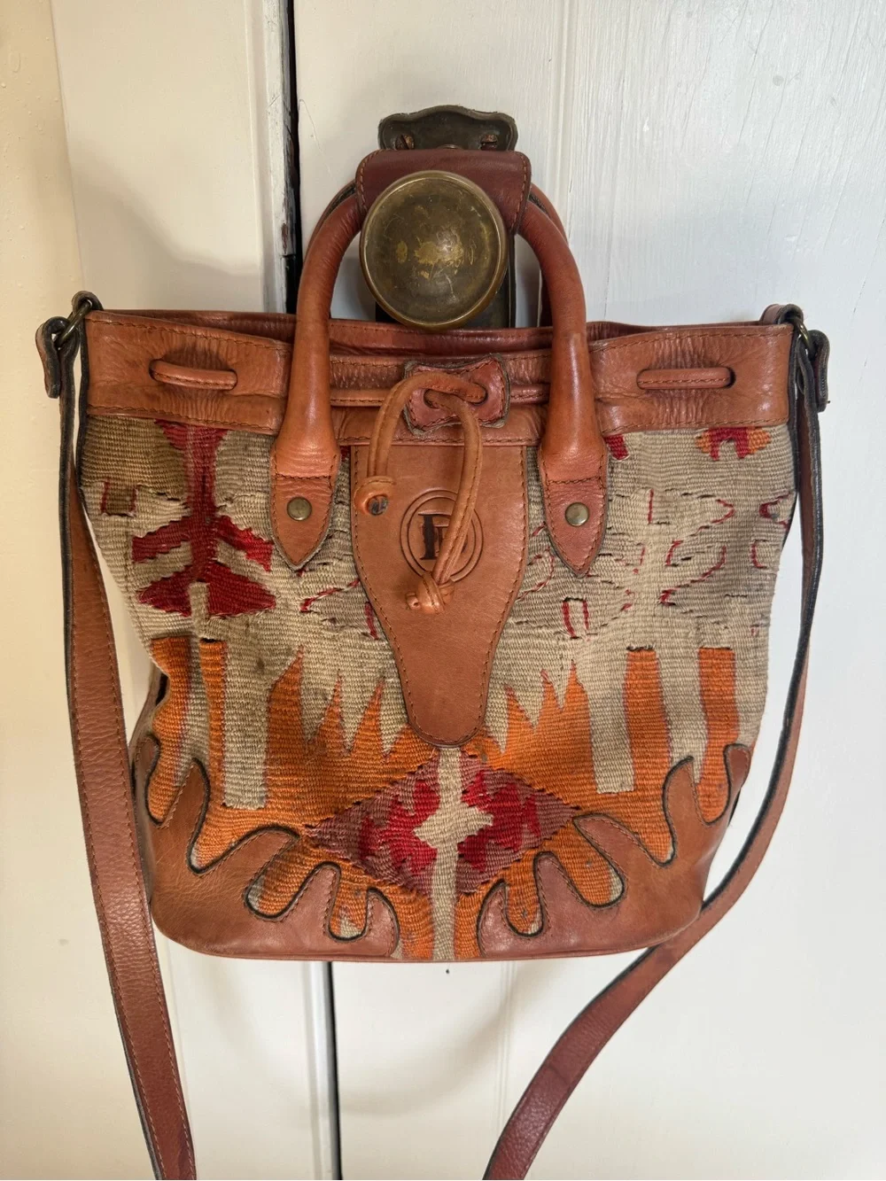 Woven Textile & Leather Crossbody Bag in Brown and Orange